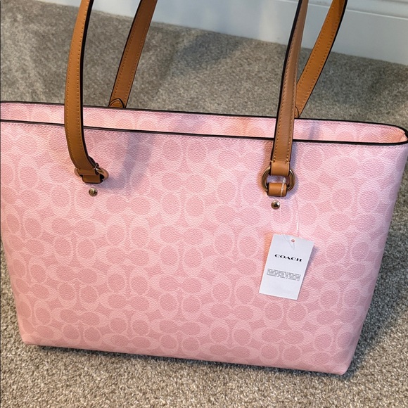 Coach Pink Signature Tote with Brown Trim and Matching Pouch - Picture 6 of 8